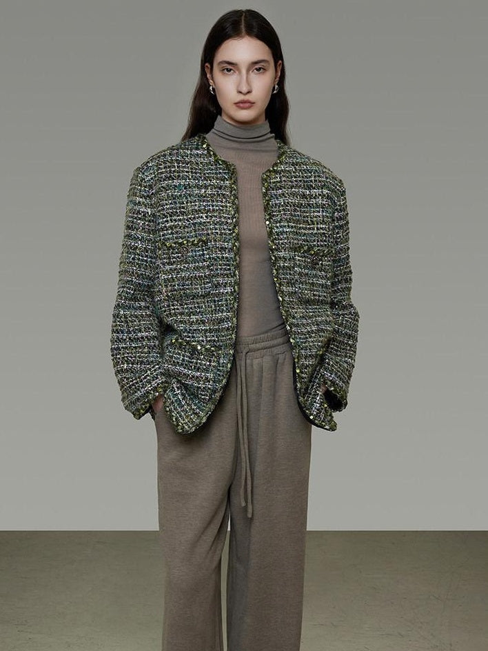 unspoken Lambswool Blend Structured Commuter Round Neck Relaxed Green Wool Coats
