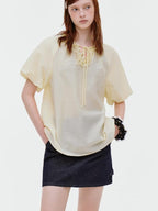 fano Yellow Tie Front Viscose Linen Blend Relaxed Korean Short Sleeve Women Blouses