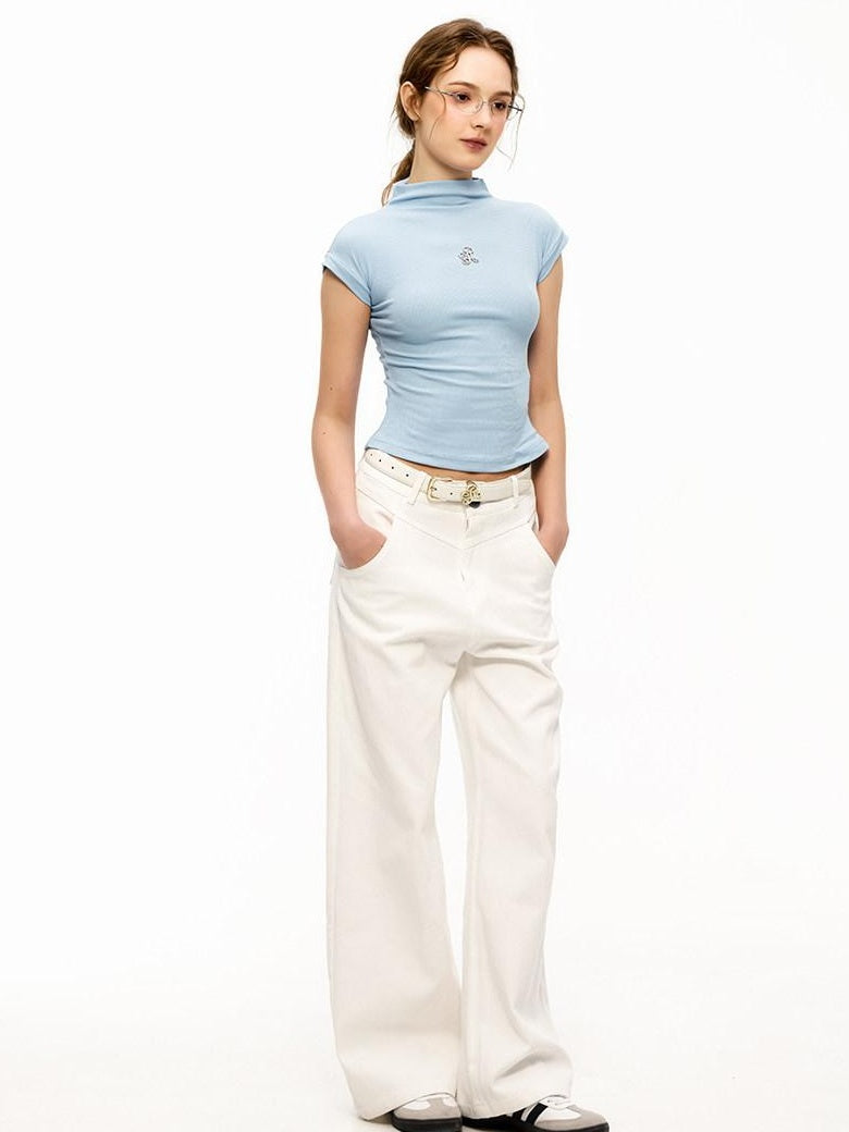 ikyou Cooling Wrinkle Free Slim Crop Half High Neck Solid Short Sleeve T-Shirts