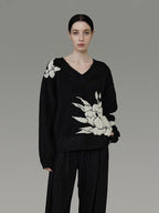 unspoken Thermal Warm Commuter Relaxed Fit V-neck Pullover Black Workwear Knit Sweaters
