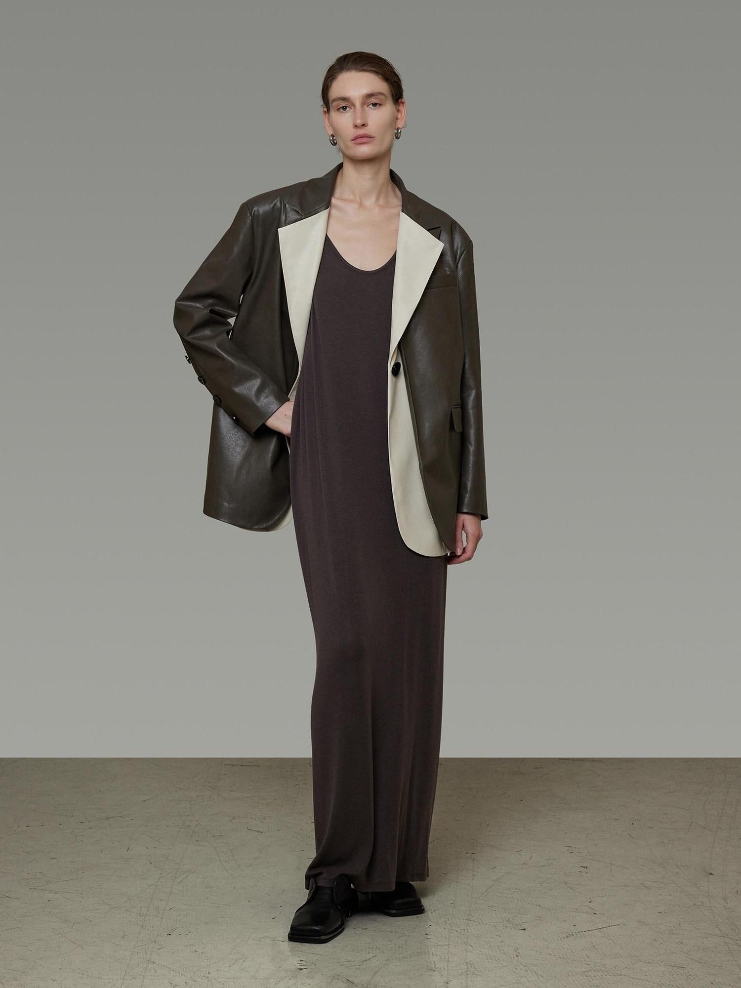 unspoken Soft Viscose Blazer Collar Relaxed Fit Commuter Women Brown Leather Jackets
