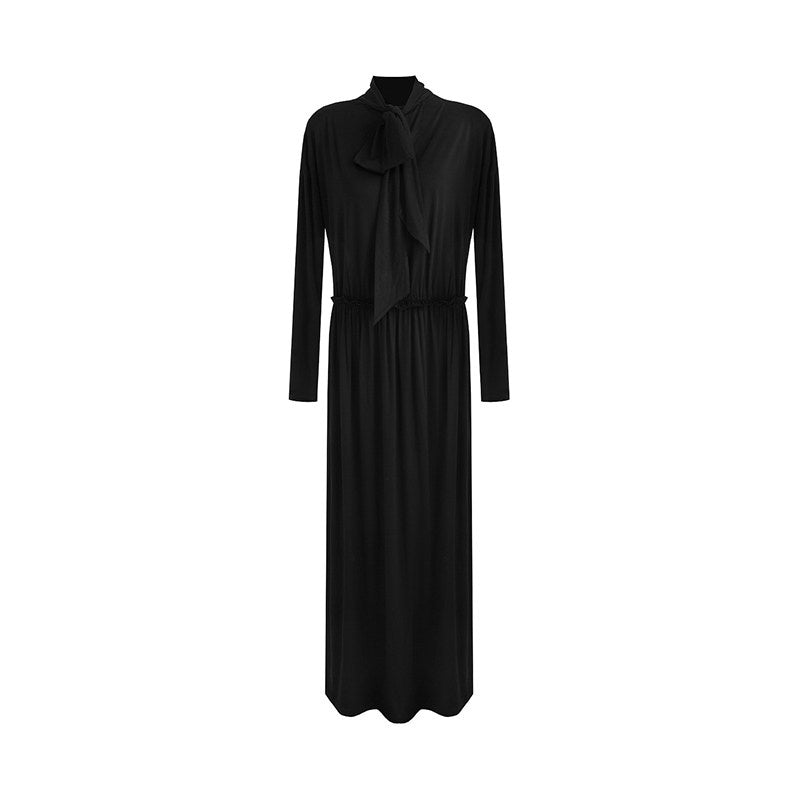 unspoken_Minimal_Office_Pleated_Round_Neck_Elastic_Waist_Long_Sleeve_Black_Maxi_Dresses_MISSTT