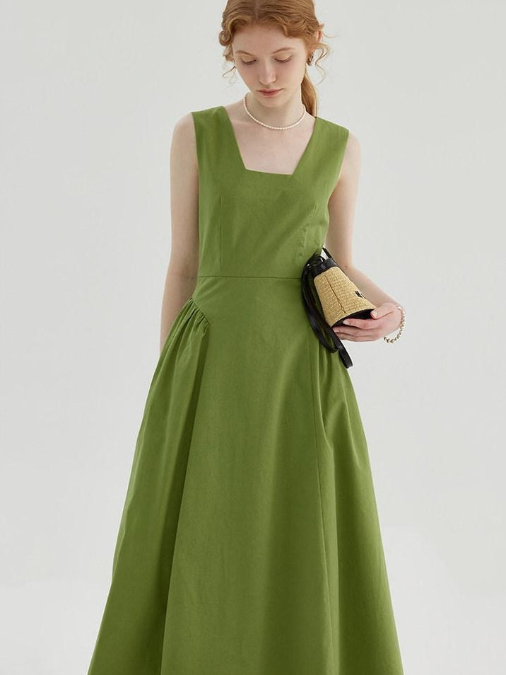 fano Cotton High Waist Pleated Minimal A Line Square Neck Women Maxi Dresses