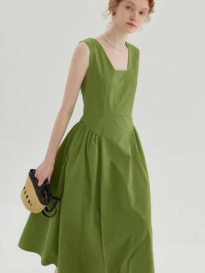 fano Cotton High Waist Pleated Minimal A Line Square Neck Women Maxi Dresses