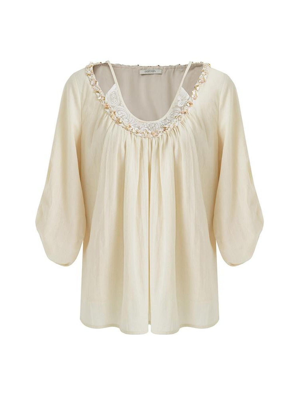 unspoken Durable 100% Cotton Original Relaxed Round Neck Women Beige Solid Blouses