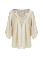 unspoken Durable 100% Cotton Original Relaxed Round Neck Women Beige Solid Blouses