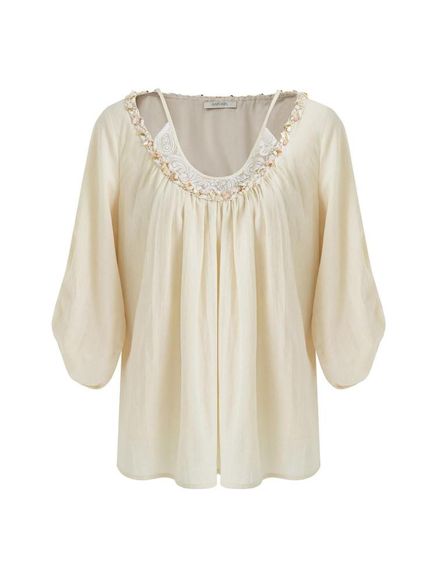 unspoken Durable 100% Cotton Original Relaxed Round Neck Women Beige Solid Blouses