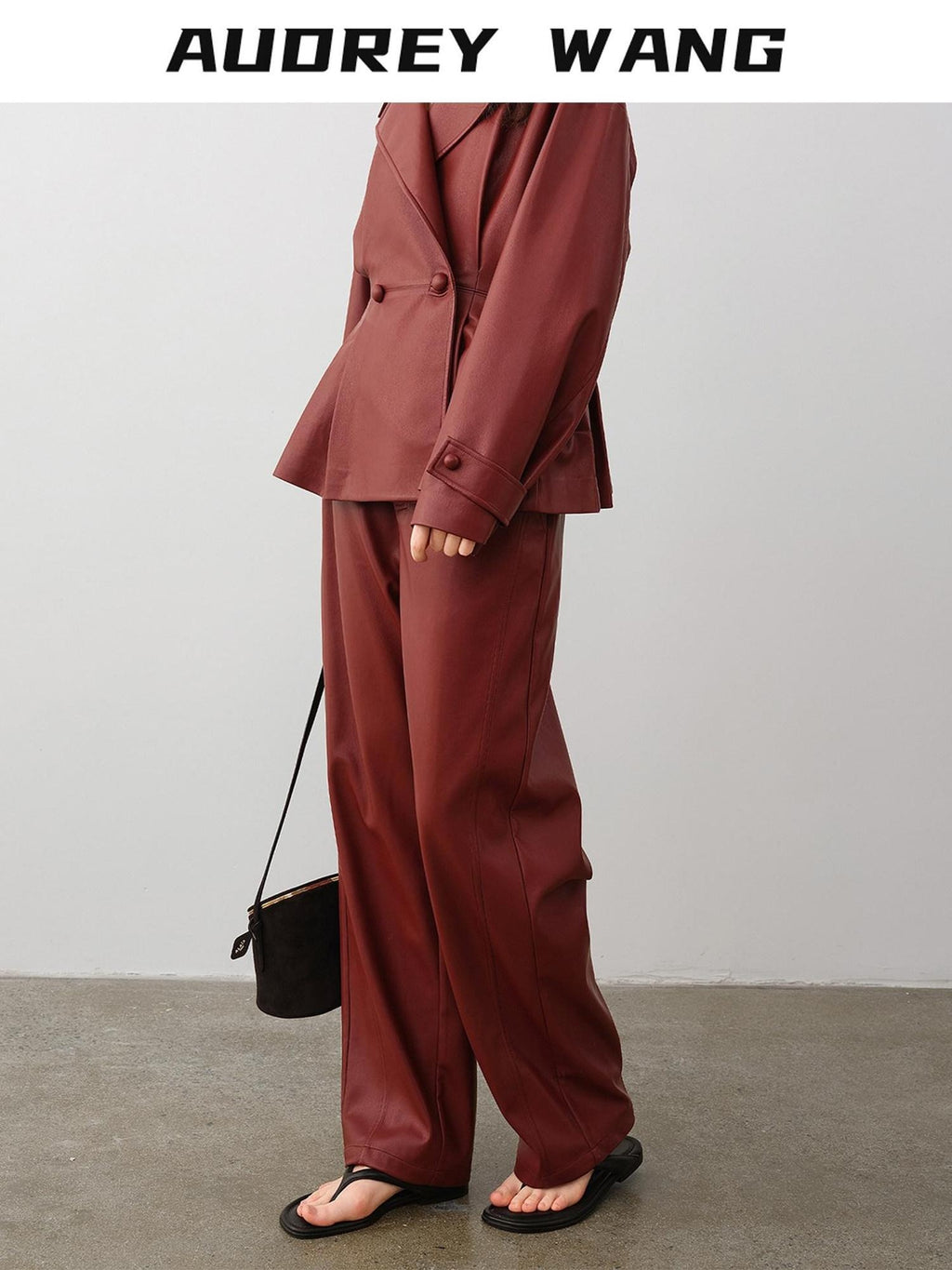 audreyyang 100 Percent Polyester Loose Fit Burgundy Women Wide Leg Pants