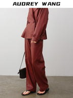 audreyyang 100 Percent Polyester Loose Fit Burgundy Women Wide Leg Pants