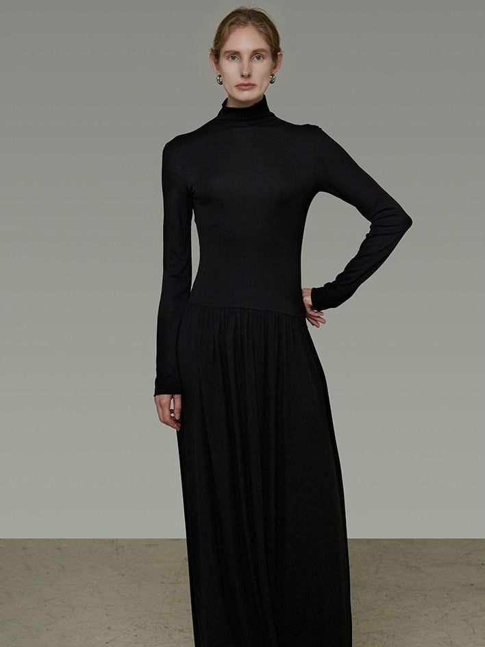 unspoken Modal Knit Turtleneck Slim Waist Long Sleeve City Workwear Black Maxi Dresses