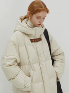 fano 90% White Duck Down Minimal Commuter Straight Hooded Milky Beige Down Jackets