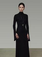 unspoken Soft Breathable Viscose Knit High Waist Aline Slim Black Maxi Dresses