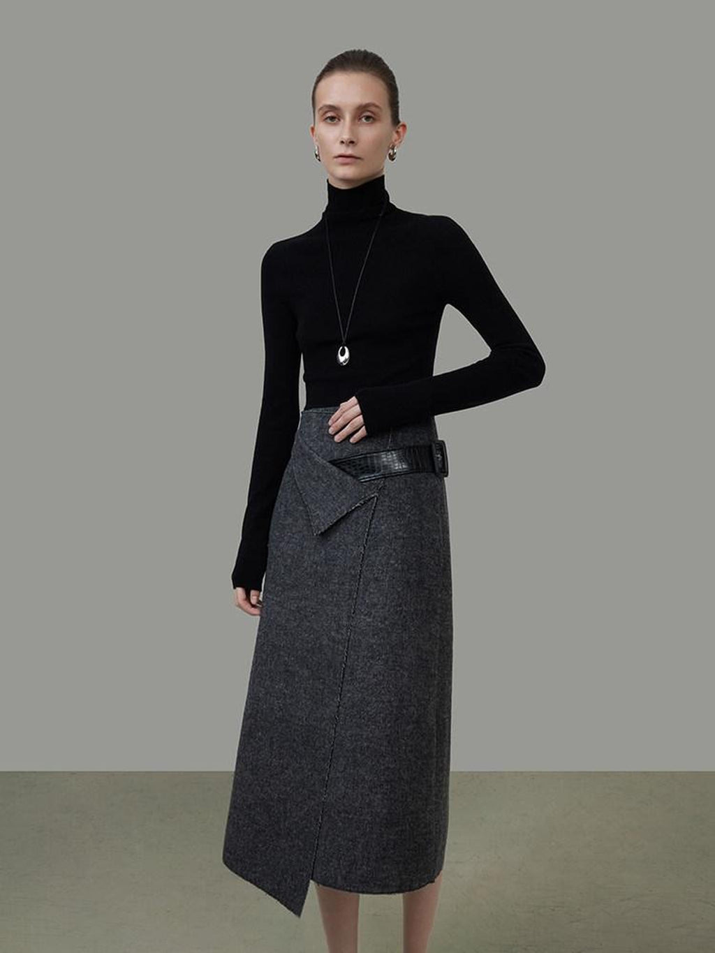 unspoken Wool Blend Lined Asymmetric Aline Mid Waist Minimal Workwear Women Midi Skirts