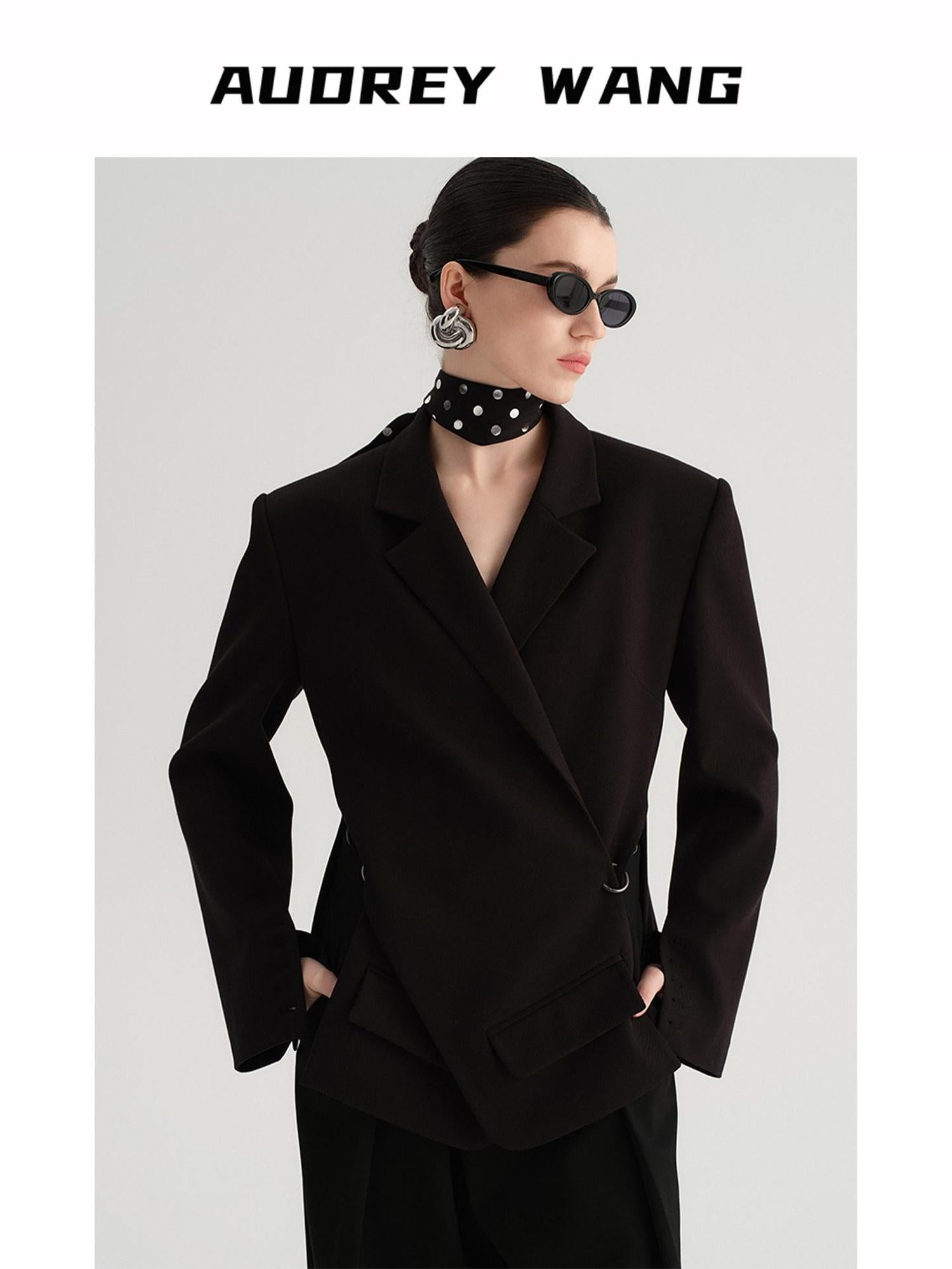 audreyyang Crossover Waist Office Relaxed Fit Women Double Breasted Black Blazers