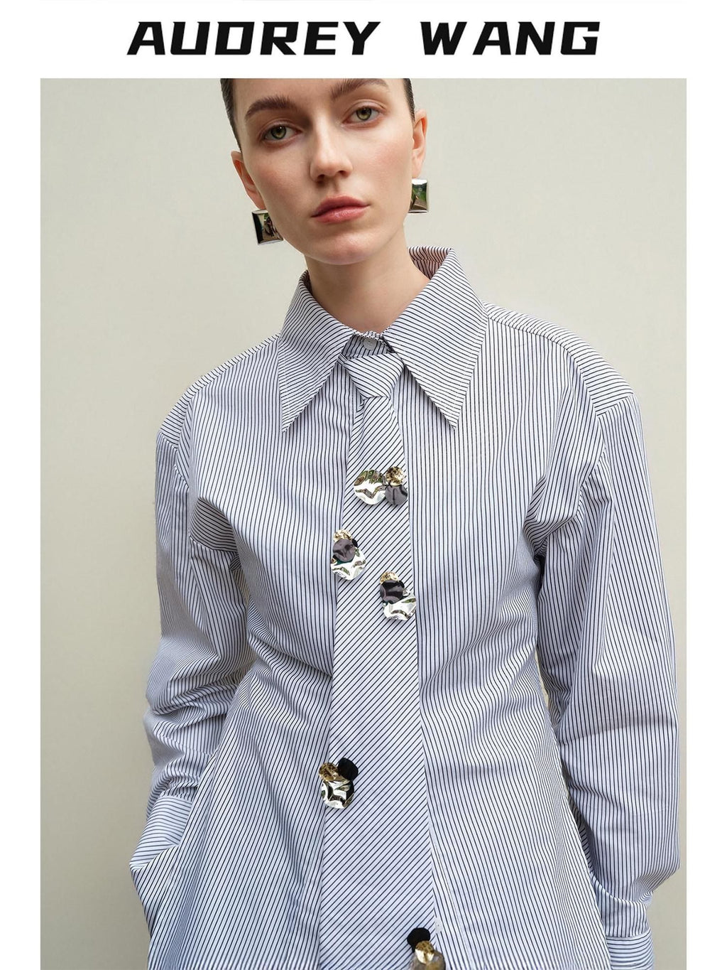 audreyyang Original Design Relaxed Tie Neck Collared Tencel Cotton Striped Blouses