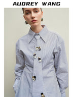 audreyyang Original Design Relaxed Tie Neck Collared Tencel Cotton Striped Blouses