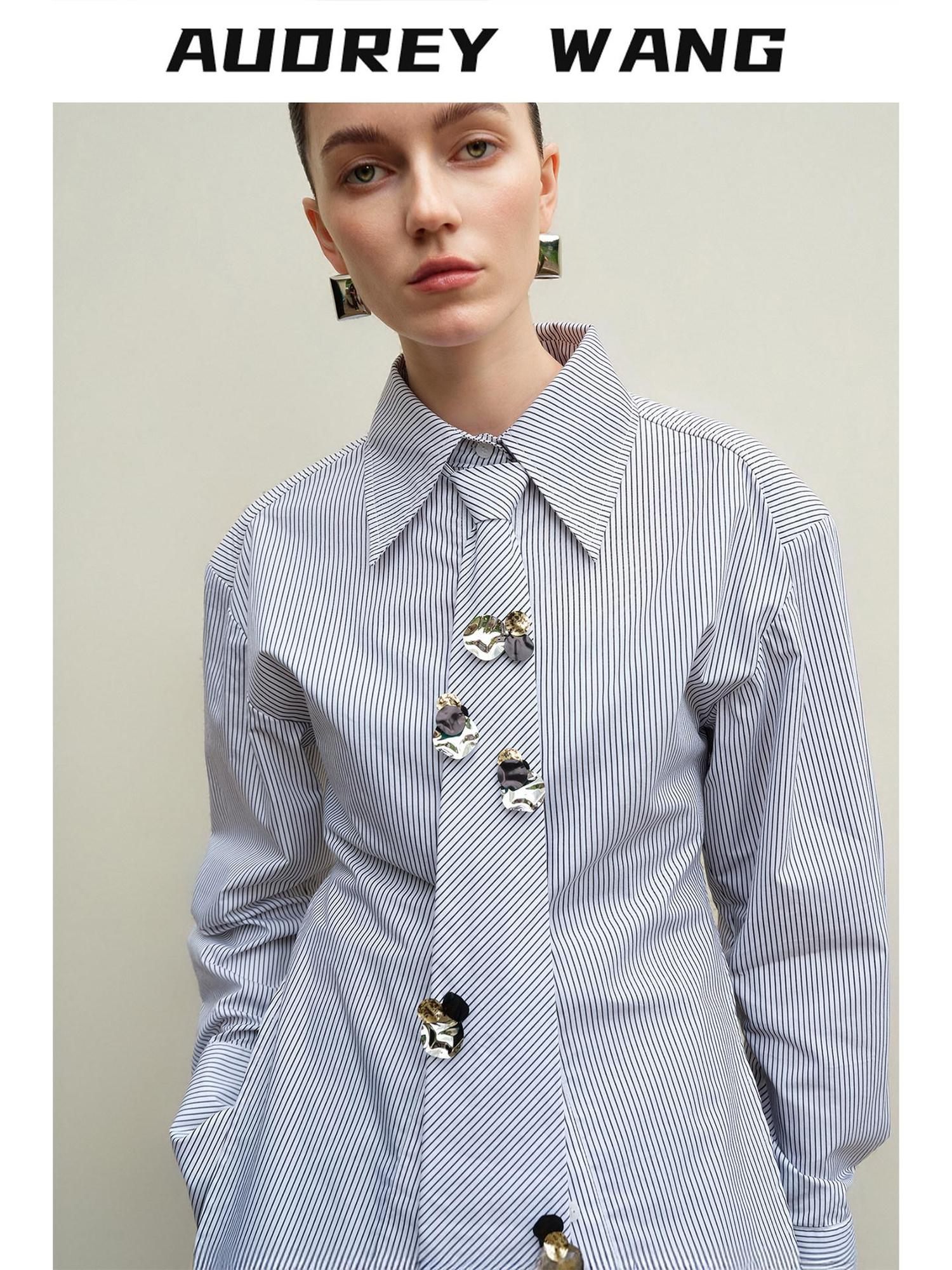 audreyyang Original Design Relaxed Tie Neck Collared Tencel Cotton Striped Blouses
