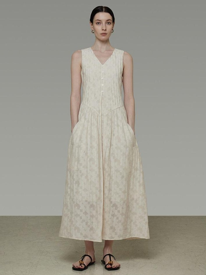 unspoken Elegant Jacquard V-neck High Waist A Line Sleeveless Work Off White Maxi Dresses