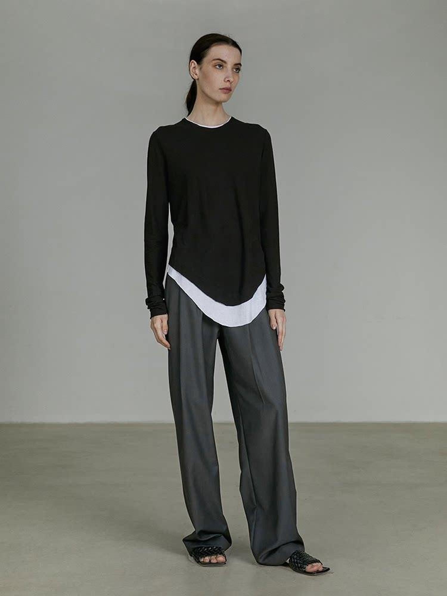 unspoken Belted Natural Waist Minimal Office Chic Deep Gray Women Wide Leg Pants
