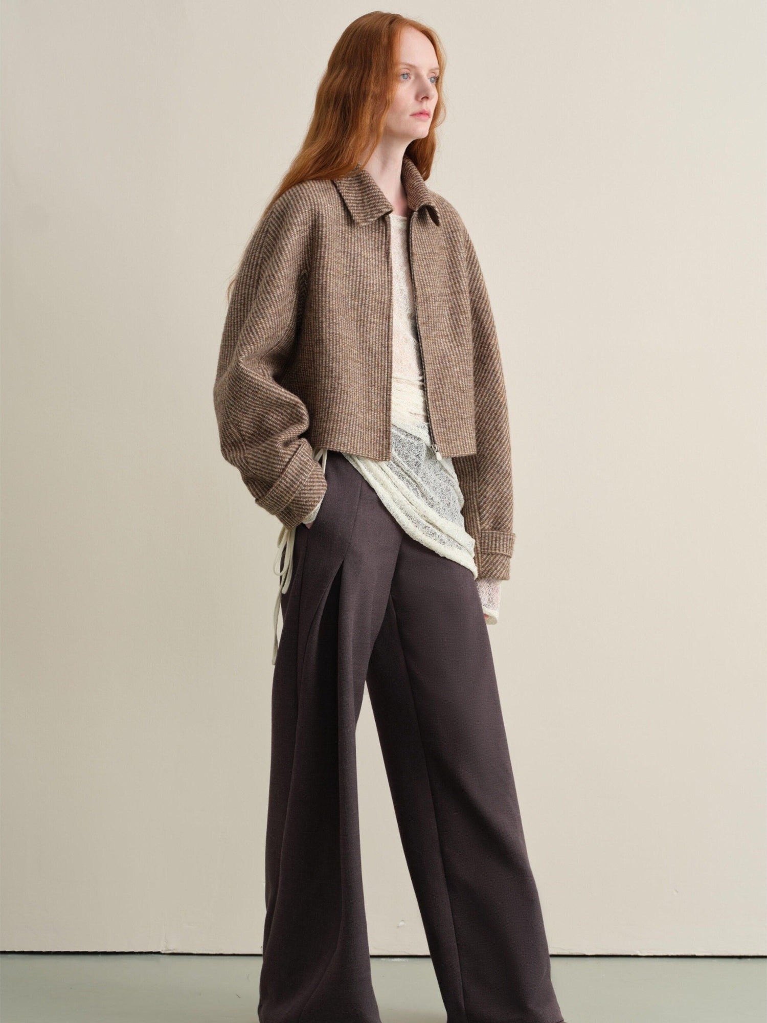 someone sometimes Wool Blend Retro Loose Zip Lapel Long Sleeve Women Multicolor Cropped Jackets