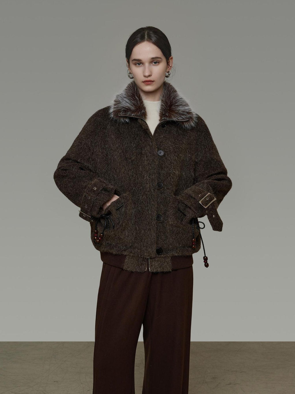 unspoken Faux Fur Collar Loose Fit Structured Tailored High Waist Women Brown Short Coat