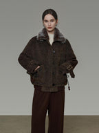 unspoken Faux Fur Collar Loose Fit Structured Tailored High Waist Women Brown Short Coat