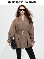 audreyyang Tie Front Vintage Oversized Batwing Sleeve Women Polyester Cropped Jackets