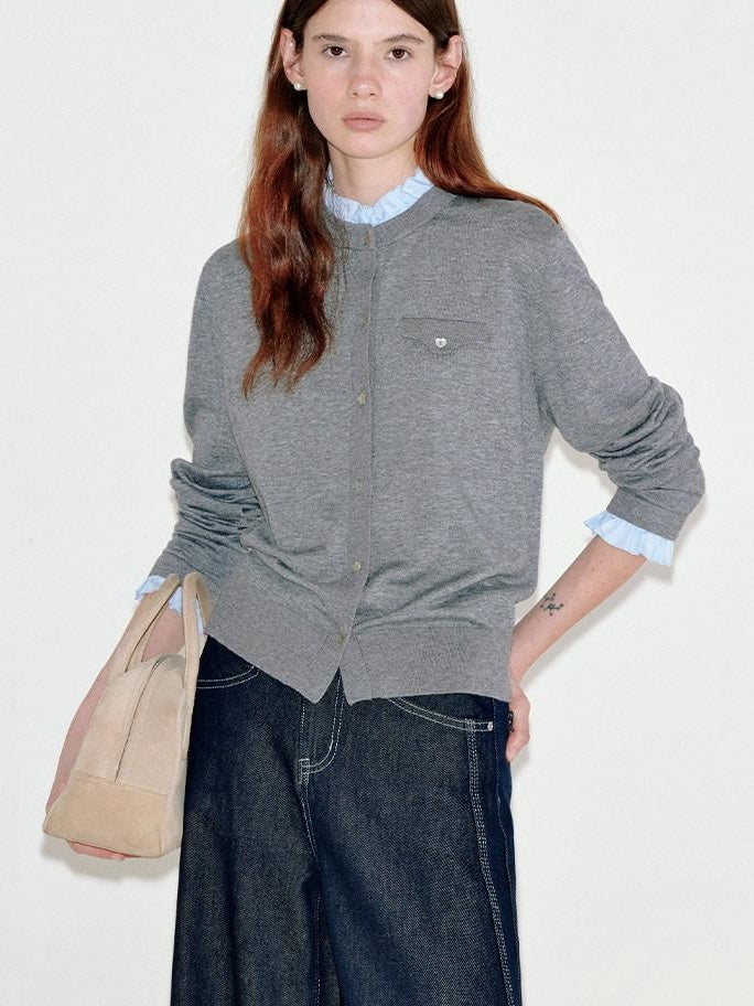 fano Thermal Wool Blend Straight Fit Round Neck Office Classic Heather Gray Cardigans