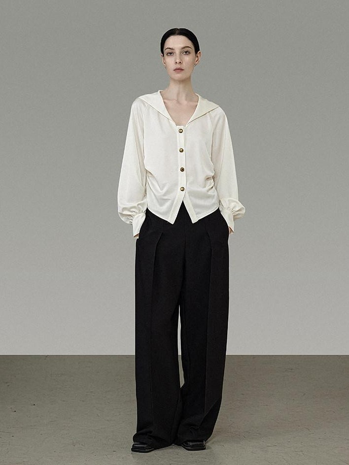 unspoken Cream Polyester Sailor Collar Button Front Loose Fit Office Minimalist Blouses