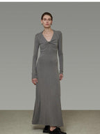 unspoken Soft Breathable Vneck Longsleeve Waist Cinch Viscose Knit Maxi Dresses