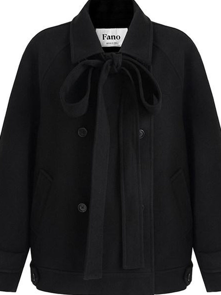 fano Elegant Double Breasted Bow Minimal Straight Fit Black Women Short Coat
