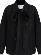fano Elegant Double Breasted Bow Minimal Straight Fit Black Women Short Coat