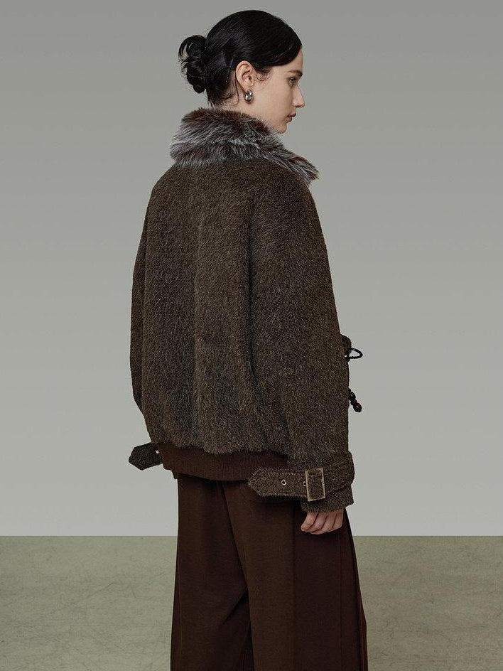 unspoken Faux Fur Collar Loose Fit Structured Tailored High Waist Women Brown Short Coat