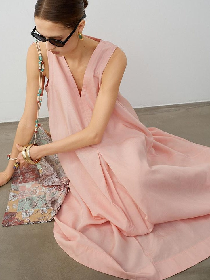 audreyyang Linen Blend V-neck Sleeveless A Line Casual Pink Maxi Dresses