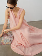 audreyyang Linen Blend V-neck Sleeveless A Line Casual Pink Maxi Dresses