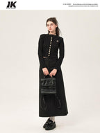 ikyou High Waist Embroidered A Line Back Slit Everyday Young Women Midi Skirts