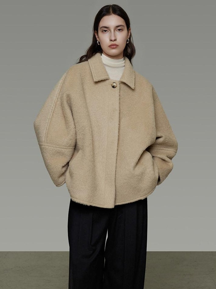 unspoken 3D Tailored Minimalist Loose Fit Office Lapel Single Breasted Camel Short Coat