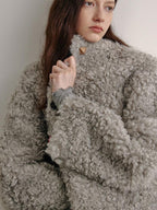 fano Faux Fur Straight Cut Minimal Workwear Women Gray Khaki Short Coat