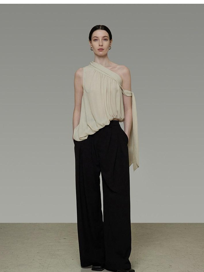 unspoken Polyester French Asymmetric One Shoulder Loose Fit Women Solid Camisoles