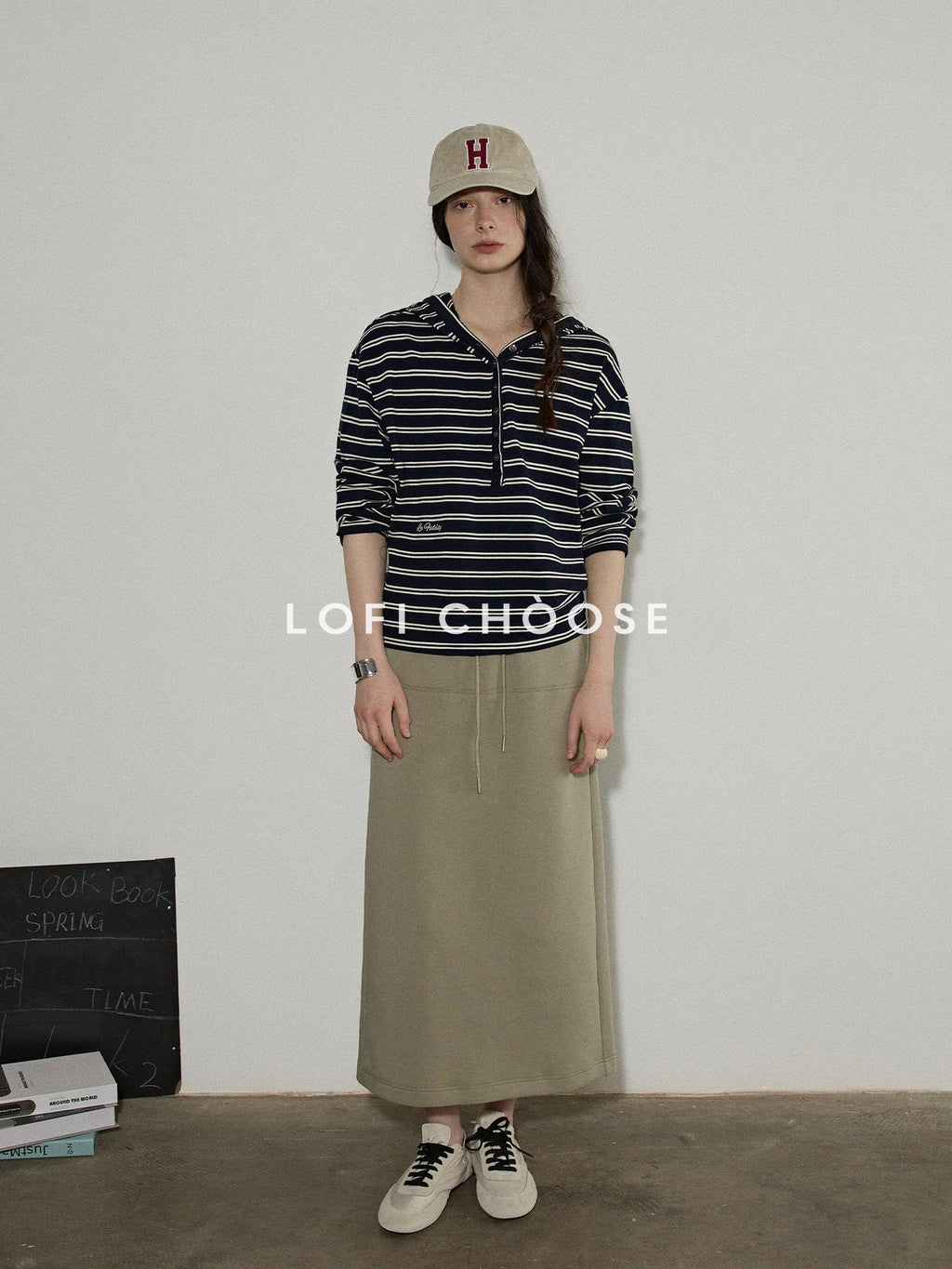 Lofi choose Hooded Zip Cardigan Loose Fit Long Sleeve Workwear Light Green Top & Skirt Sets
