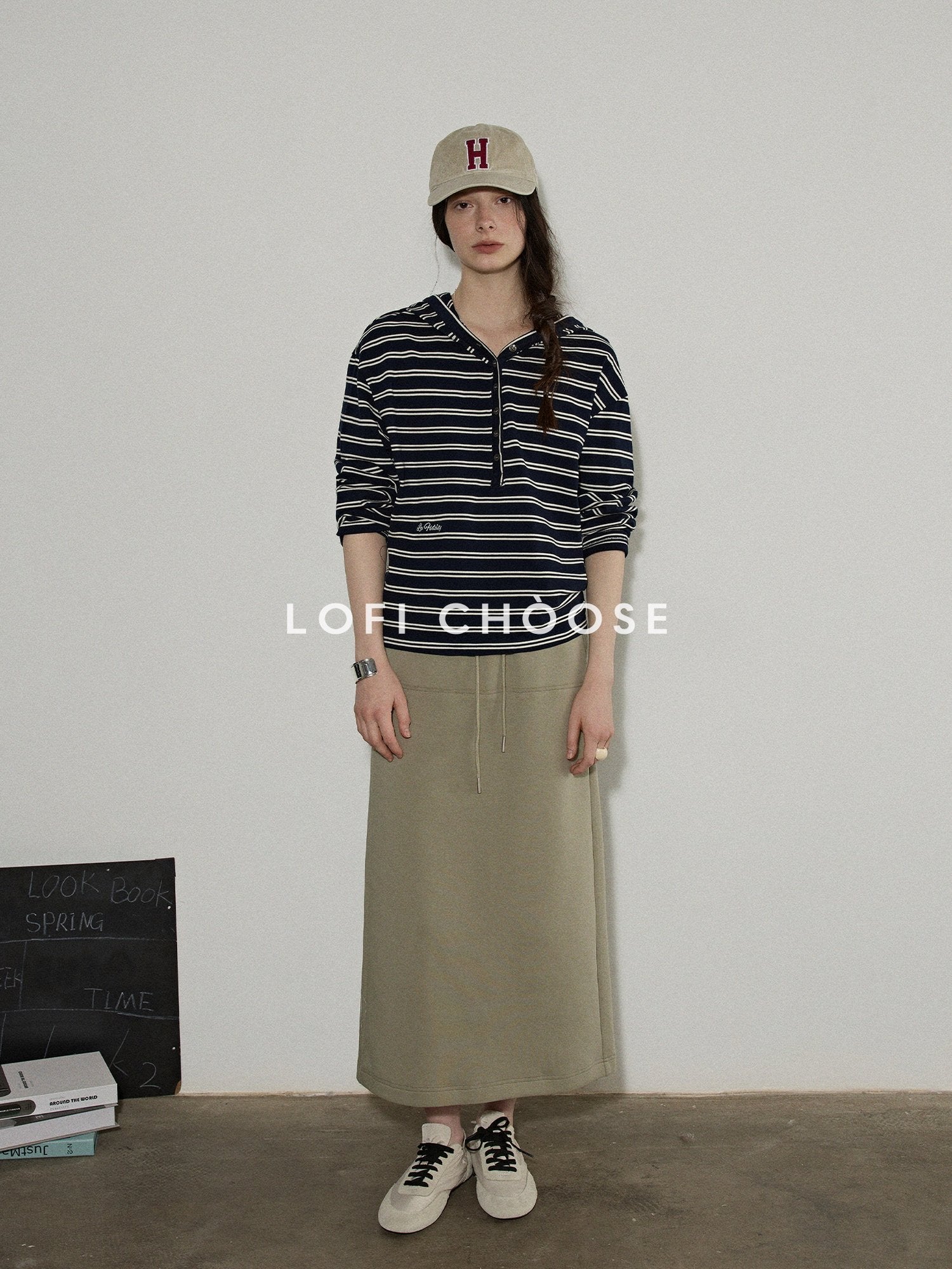 Lofi choose Hooded Zip Cardigan Loose Fit Long Sleeve Workwear Light Green Top & Skirt Sets
