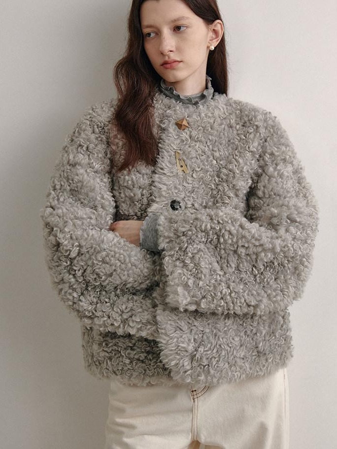 fano Faux Fur Straight Cut Minimal Workwear Women Gray Khaki Short Coat