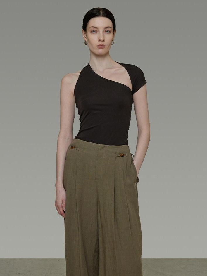 unspoken Soft Lyocell Asymmetric Neck Fitted Stone Green Off Shoulder Crop Tops
