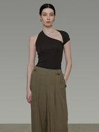 unspoken Soft Lyocell Asymmetric Neck Fitted Stone Green Off Shoulder Crop Tops