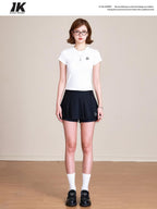 ikyou Pure Cotton Embroidered Slim Fit Short Sleeve Crew Neck Casual Basic Crop Tops