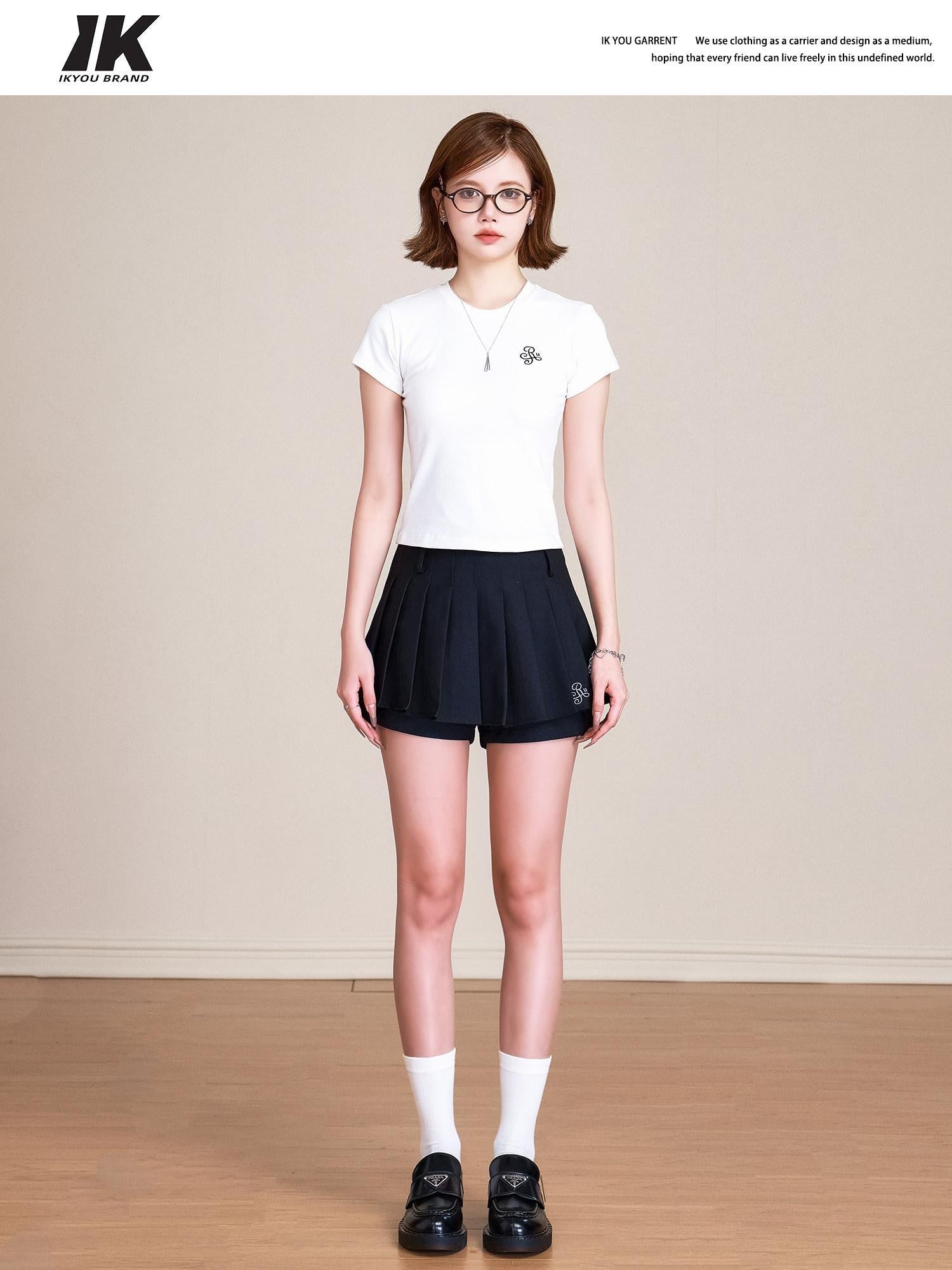 ikyou Pure Cotton Embroidered Slim Fit Short Sleeve Crew Neck Casual Basic Crop Tops