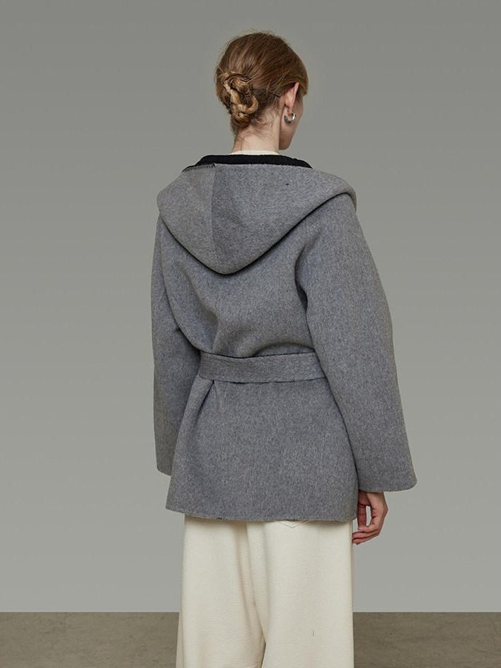 unspoken Minimal Commute Relaxed Fit Hooded Tie Waist Sculpted Cut Black Gray Wool Coats