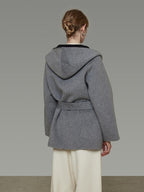 unspoken Minimal Commute Relaxed Fit Hooded Tie Waist Sculpted Cut Black Gray Wool Coats