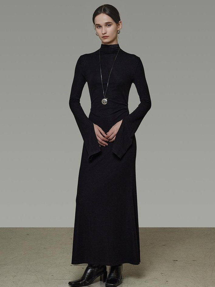 unspoken Soft Breathable Viscose Knit High Waist Aline Slim Black Maxi Dresses