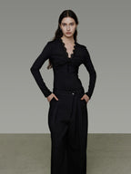 unspoken Breathable Lyocell Lace Slim Fit V-neck Long Sleeve Women Black Blouses